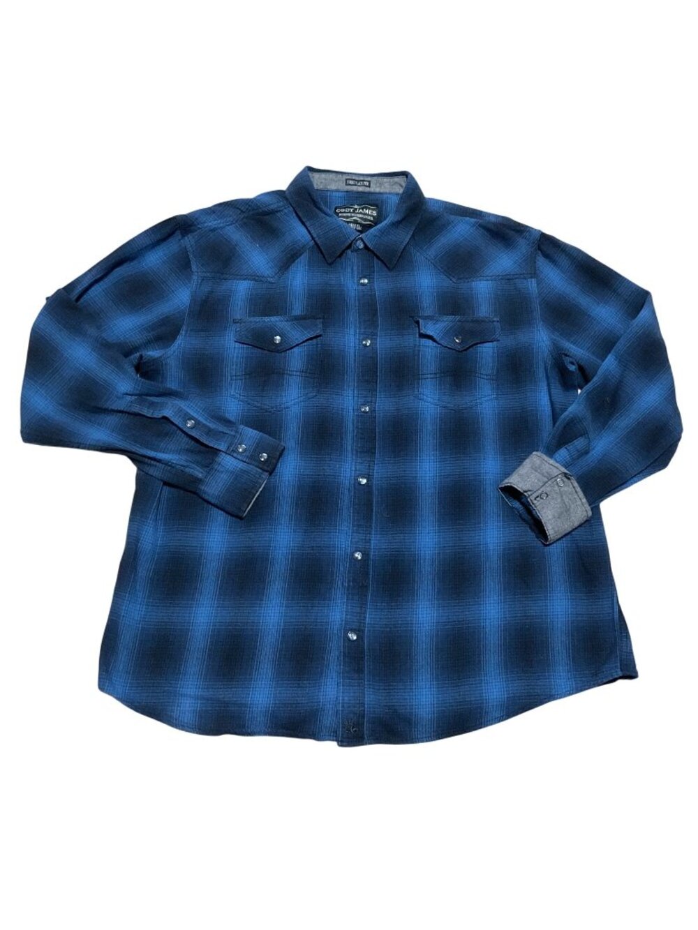 Cody James Flannel Shirt Size XL Blue Black 100% Cotton Pearl Snap Flip Cuffs